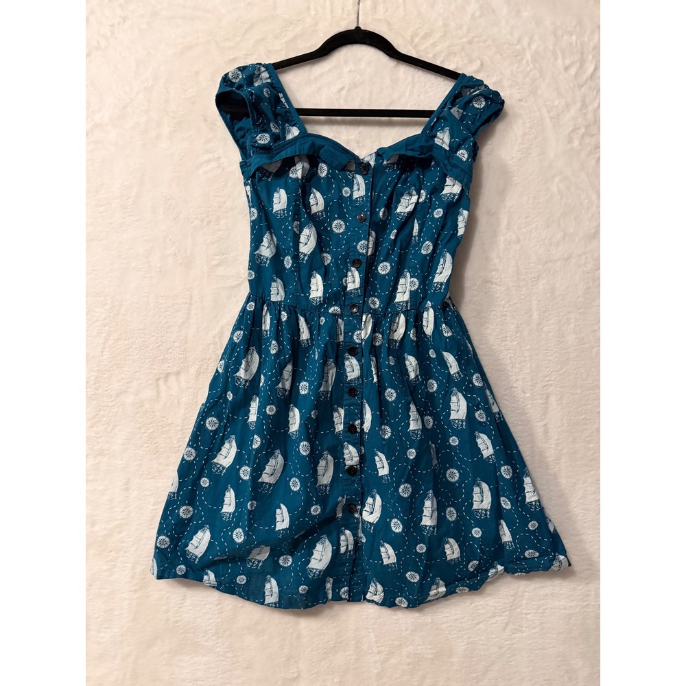 Sourpuss Teal Blue Nautical Ship Print Rockabilly Pinup Dress Large Smocked Back